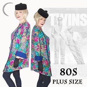 Plus Size Vintage Kimono Style Jacket 80s Multicolor Floral & Metallic Gold